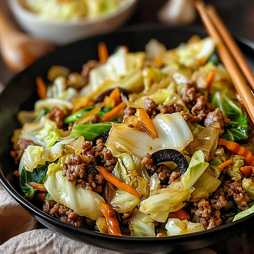 Vibrant Chinese Ground Beef and Cabbage Stir-Fry with caramelized beef, crisp green cabbage, orange carrots, and tender mushrooms in a glossy sauce, served in a black bowl with chopsticks.