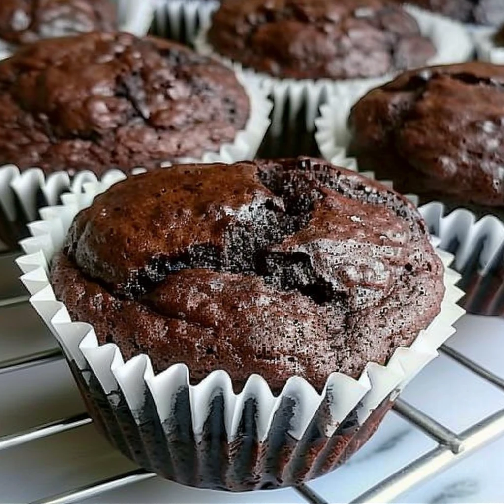 Moist and decadent Chocolate Zucchini Muffins with deep chocolate color, crinkled tops, and chocolate chips, in white paper liners on a wire rack.