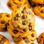 A stack of classic pumpkin chocolate chip cookies, golden orange in color with melted chocolate chips dotted on top, presented on a white plate for an appetizing and cozy dessert display.