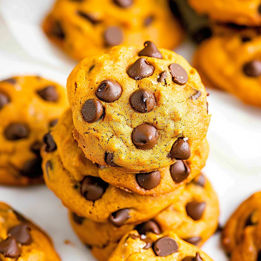 A stack of classic pumpkin chocolate chip cookies, golden orange in color with melted chocolate chips dotted on top, presented on a white plate for an appetizing and cozy dessert display.