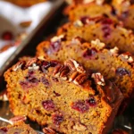 Golden brown Cranberry Pecan Pumpkin Bread slices featuring vivid red cranberries and toasted pecans, moist texture, and rustic presentation on a metal tray.