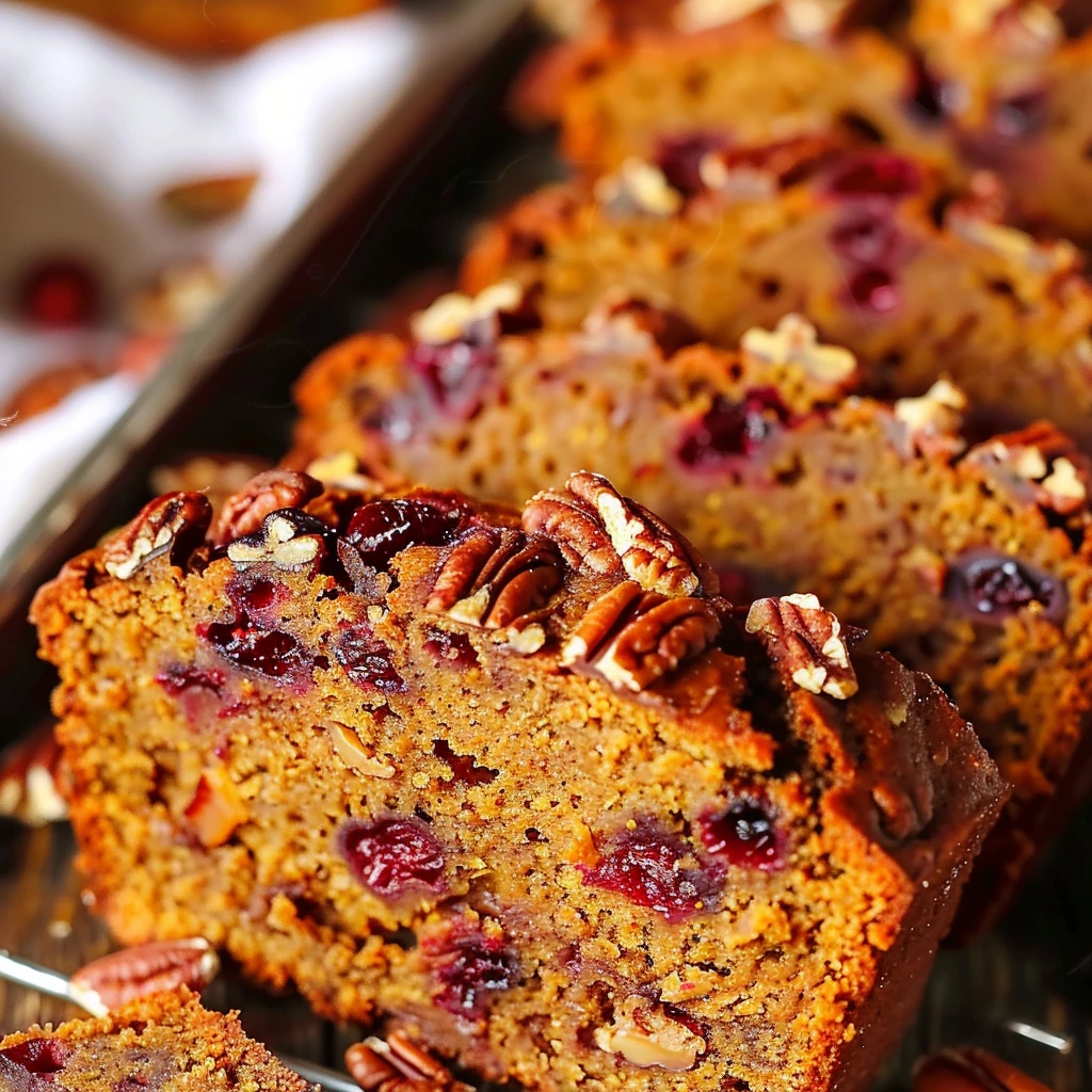 Golden brown Cranberry Pecan Pumpkin Bread slices featuring vivid red cranberries and toasted pecans, moist texture, and rustic presentation on a metal tray.