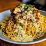 Creamy Cajun Chicken Spaghetti with Garlic Mozzarella Sauce featuring golden grilled chicken atop a mound of glossy spaghetti, covered in a rich, cheesy garlic mozzarella sauce and sprinkled with fresh green herbs on a white plate.