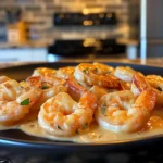 Succulent shrimp coated in a creamy garlic parmesan sauce, garnished with fresh parsley, served on a matte black plate with a golden, velvety texture.
