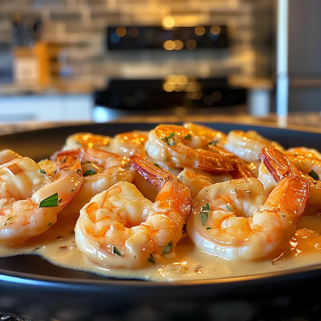 Succulent shrimp coated in a creamy garlic parmesan sauce, garnished with fresh parsley, served on a matte black plate with a golden, velvety texture.