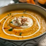 Golden orange creamy pumpkin soup drizzled with white cream, sprinkled with spices and fresh herbs, served in a rustic bowl, showcasing smooth velvety texture.