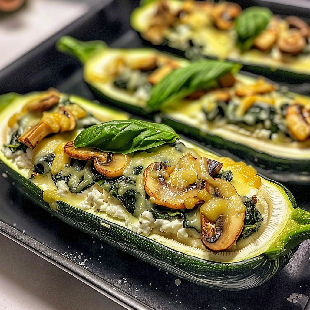 Vibrant Creamy Ricotta-Stuffed Zucchini with Spinach and Mushrooms, garnished with basil, filled with melted cheese, mushrooms, and greens on a black baking tray