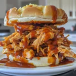 Juicy Crockpot BBQ Pulled Chicken piled high on a fluffy hamburger bun, dripping with rich, smoky barbecue sauce and tender shreds, served on a white plate.