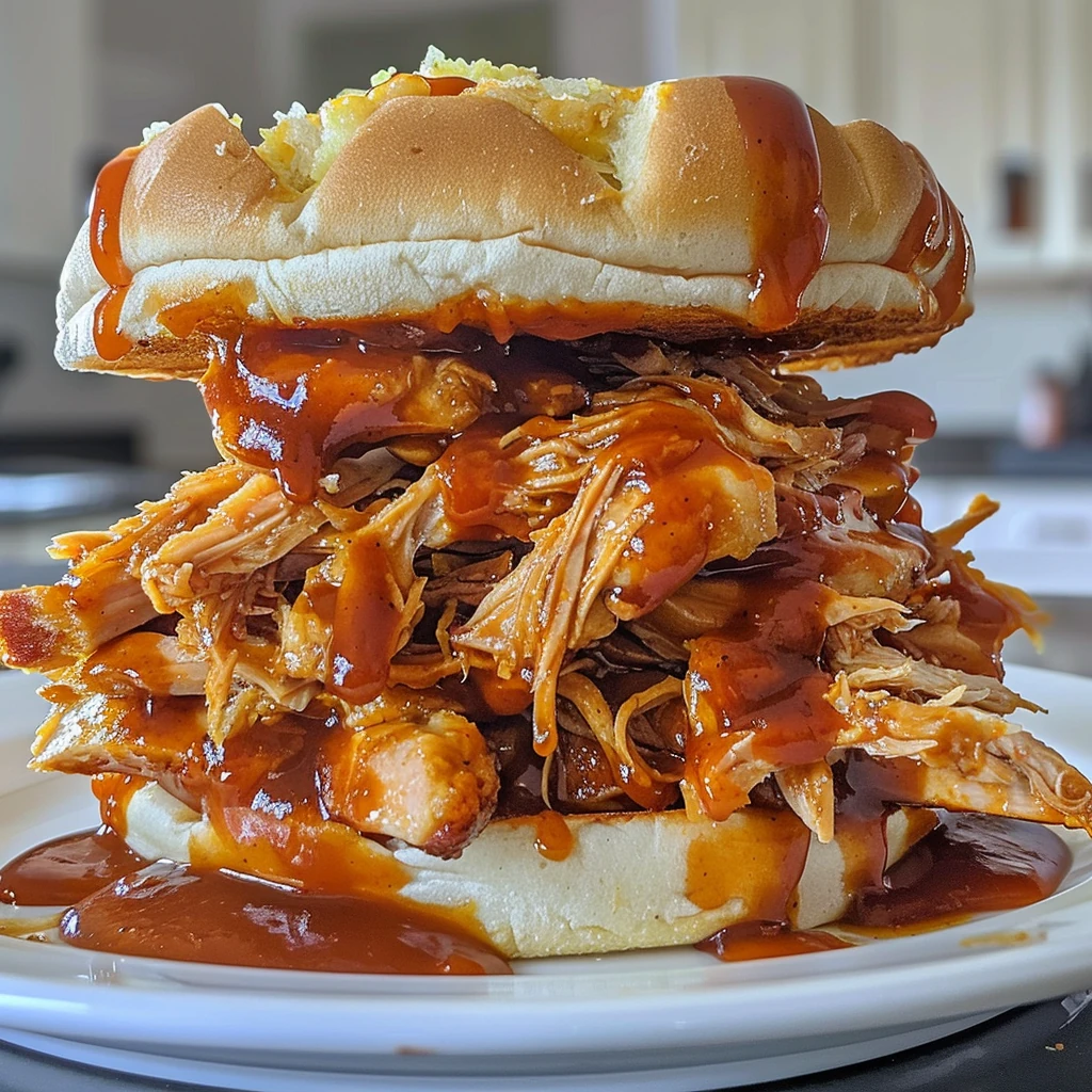 Juicy Crockpot BBQ Pulled Chicken piled high on a fluffy hamburger bun, dripping with rich, smoky barbecue sauce and tender shreds, served on a white plate.