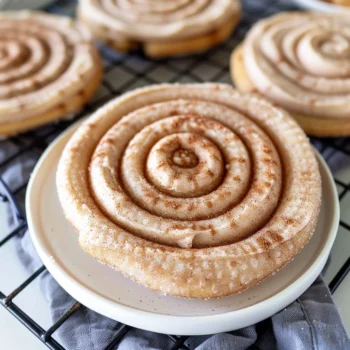 Extra-large Crumbl Churro Cookie with golden-brown edge and thick cinnamon frosting spiral, sprinkled with cinnamon-sugar, served on a white plate.