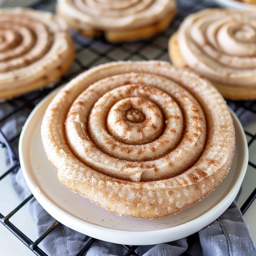 Extra-large Crumbl Churro Cookie with golden-brown edge and thick cinnamon frosting spiral, sprinkled with cinnamon-sugar, served on a white plate.