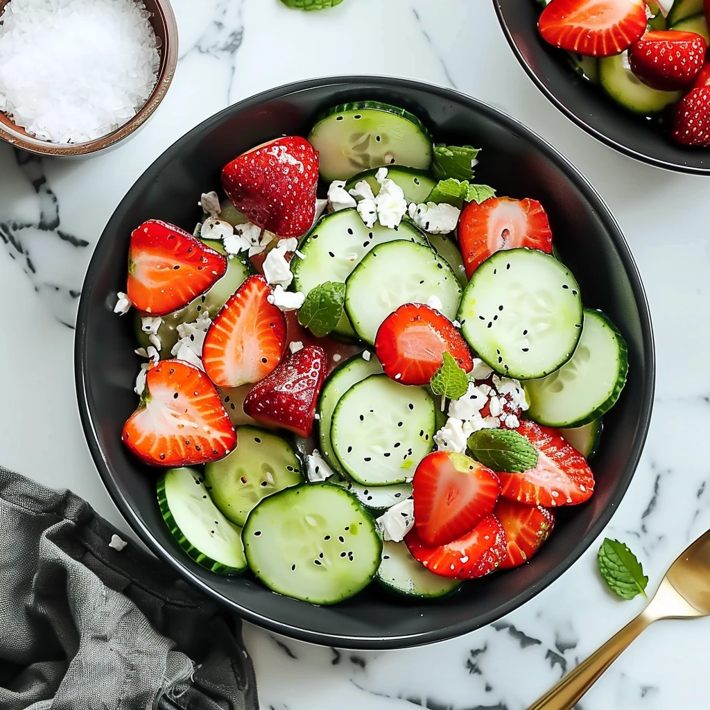 Colorful Cucumber Strawberry Salad with sliced cucumbers, bright red strawberries, crumbled feta, and fresh mint leaves in a black bowl on marble background