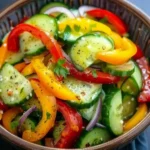 Vibrant Cucumber Sweet Pepper Salad featuring crisp cucumbers, red, yellow, and orange bell pepper strips, red onion, and fresh dill in a glossy tangy dressing, presented in a rustic bowl with a colorful, appetizing arrangement.