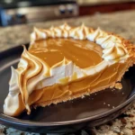 Golden butterscotch pie slice with glossy meringue peaks, set on a flaky crust and served on a dark plate; Dolly Parton's Butterscotch Pie shines with creamy caramel filling and elegant toasted topping.
