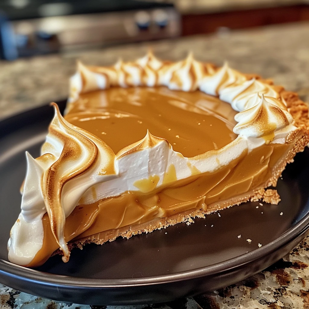 Golden butterscotch pie slice with glossy meringue peaks, set on a flaky crust and served on a dark plate; Dolly Parton's Butterscotch Pie shines with creamy caramel filling and elegant toasted topping.