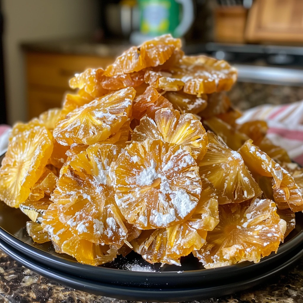 Golden, translucent slices of Dried Pineapple Zucchini Candy with powdered sugar on a black plate, showcasing a chewy, glossy texture and vibrant yellow-orange color.