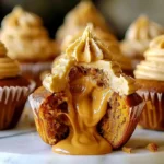 Golden brown Dulce de Leche Pumpkin Cupcake cut open to reveal luscious dulce de leche filling, topped with creamy caramel frosting and surrounded by beautifully piped cupcakes.