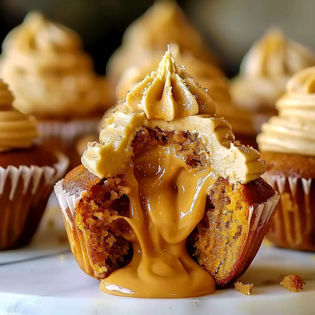 Golden brown Dulce de Leche Pumpkin Cupcake cut open to reveal luscious dulce de leche filling, topped with creamy caramel frosting and surrounded by beautifully piped cupcakes.