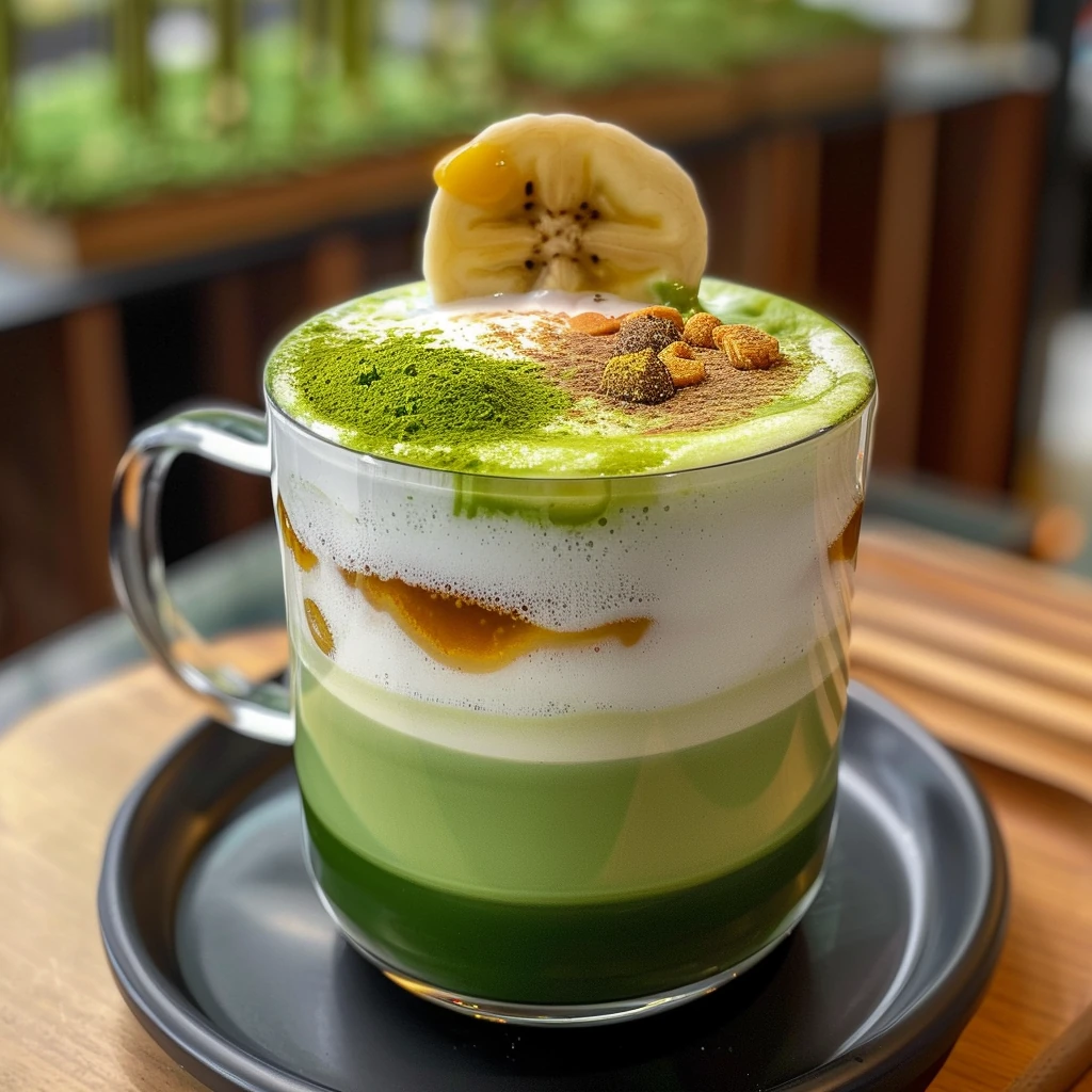 Vivid green and creamy Easy Banana Matcha Latte in a clear glass mug, layered with frothy milk, topped with a golden brûléed banana slice and dusted with vibrant matcha powder, presented on a black plate in natural morning light.