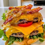Juicy Easy Crack Burgers stacked on soft buns with melted cheddar cheese, crispy bacon, fresh lettuce, and tomato slices, presented on a white plate with golden sauce drizzling over for a mouthwatering, colorful look.