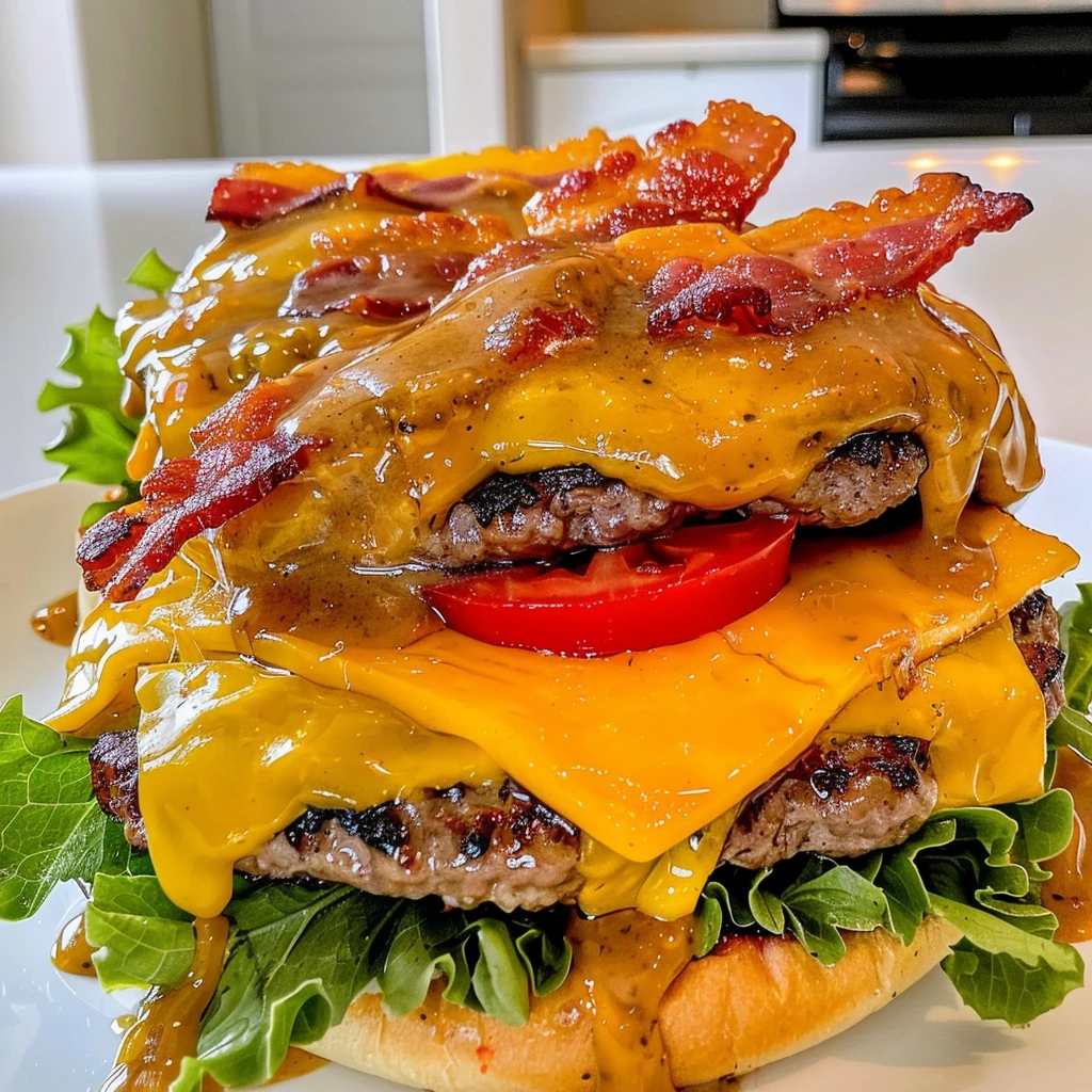 Juicy Easy Crack Burgers stacked on soft buns with melted cheddar cheese, crispy bacon, fresh lettuce, and tomato slices, presented on a white plate with golden sauce drizzling over for a mouthwatering, colorful look.