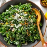 Vibrant Easy Kale Salad with Lemon Dressing featuring glossy green kale, crunchy pistachios, golden raisins, and parmesan shavings in a black bowl with wooden spoon, beautifully presented and fresh.
