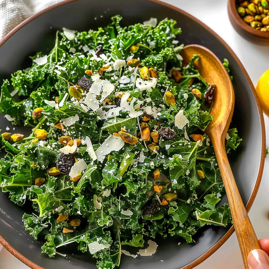 Vibrant Easy Kale Salad with Lemon Dressing featuring glossy green kale, crunchy pistachios, golden raisins, and parmesan shavings in a black bowl with wooden spoon, beautifully presented and fresh.