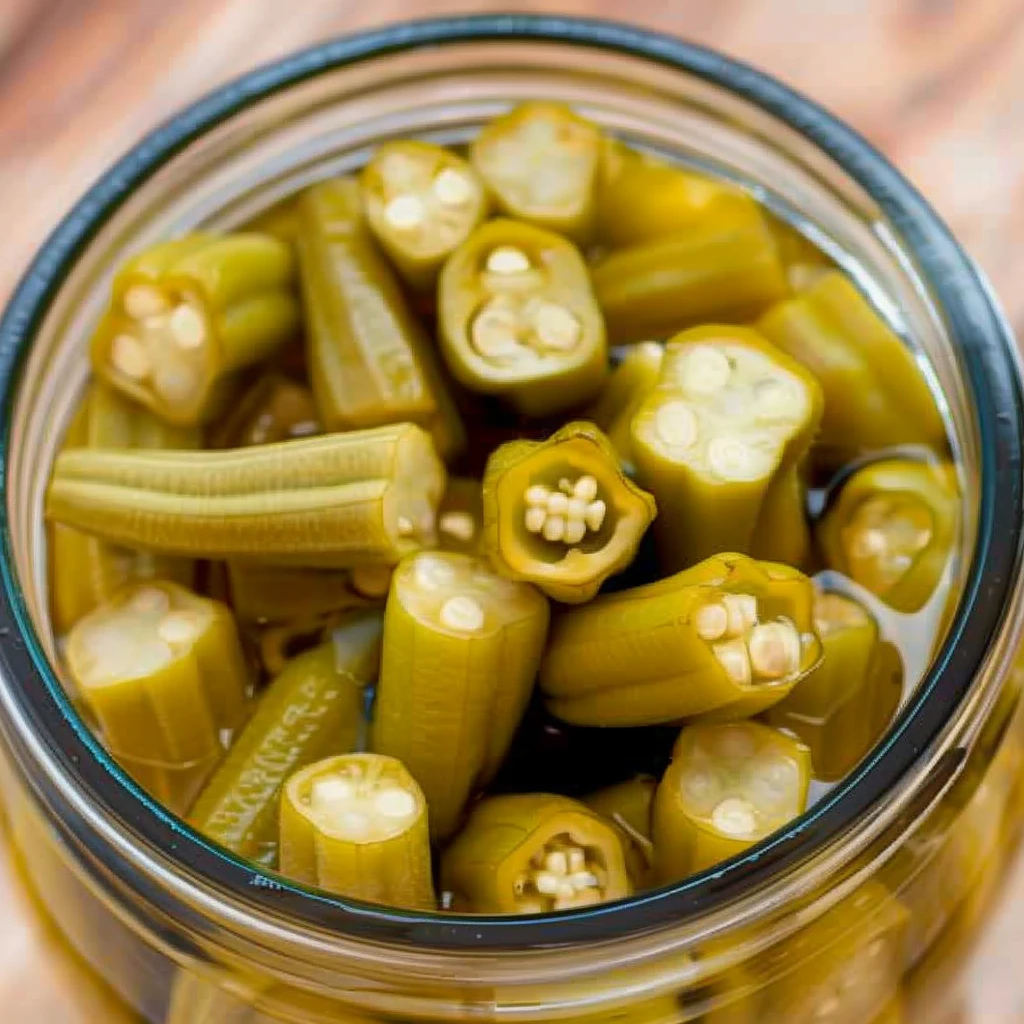Vibrant bright-green easy pickled okra spears packed tightly in a clear glass jar, glistening in tangy brine, highlighting their crisp texture and fresh appearance.