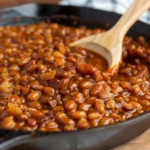 Rich, glossy Easy Ultimate Baked Beans with chopped bacon and onions in a cast iron pan, thick sauce, and rustic presentation