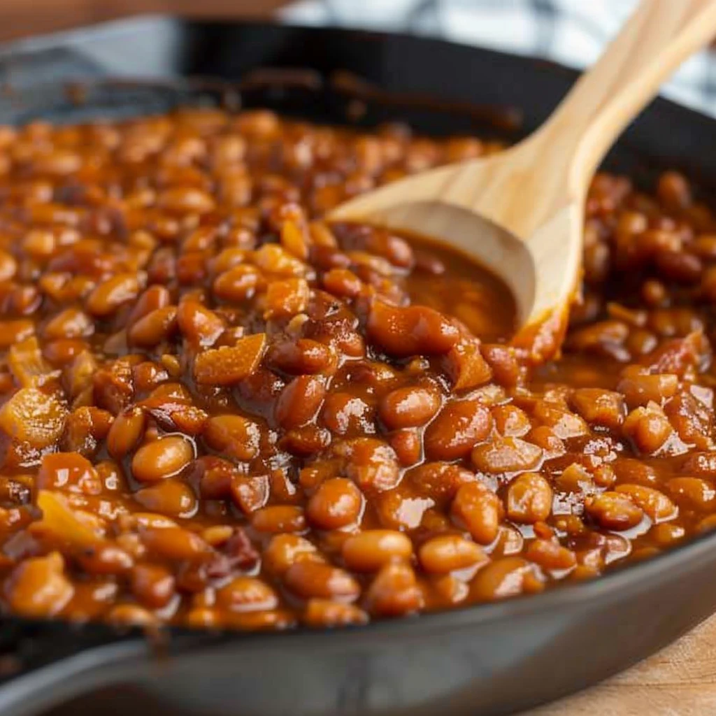 Rich, glossy Easy Ultimate Baked Beans with chopped bacon and onions in a cast iron pan, thick sauce, and rustic presentation