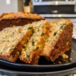 Moist and golden Easy Zucchini Bread with visible green zucchini flecks, sliced and served on a black plate for a fresh, homemade look
