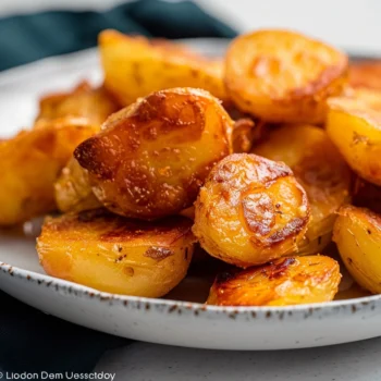 Golden English Roast Potatoes with crispy caramelized edges and fluffy centers, beautifully arranged on a white plate, showcasing a warm, inviting texture and satisfying crunch.
