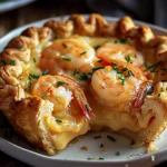 Golden Florida Shrimp Pie with plump pink shrimp, creamy filling, and flaky crust, garnished with fresh green chives on a white plate
