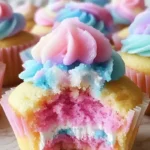 Pastel pink, blue, and purple Fluffy Cotton Candy Cupcakes with swirled whipped cream frosting, featuring a colorful marbled interior and cloud-like texture, displayed on a marble surface.