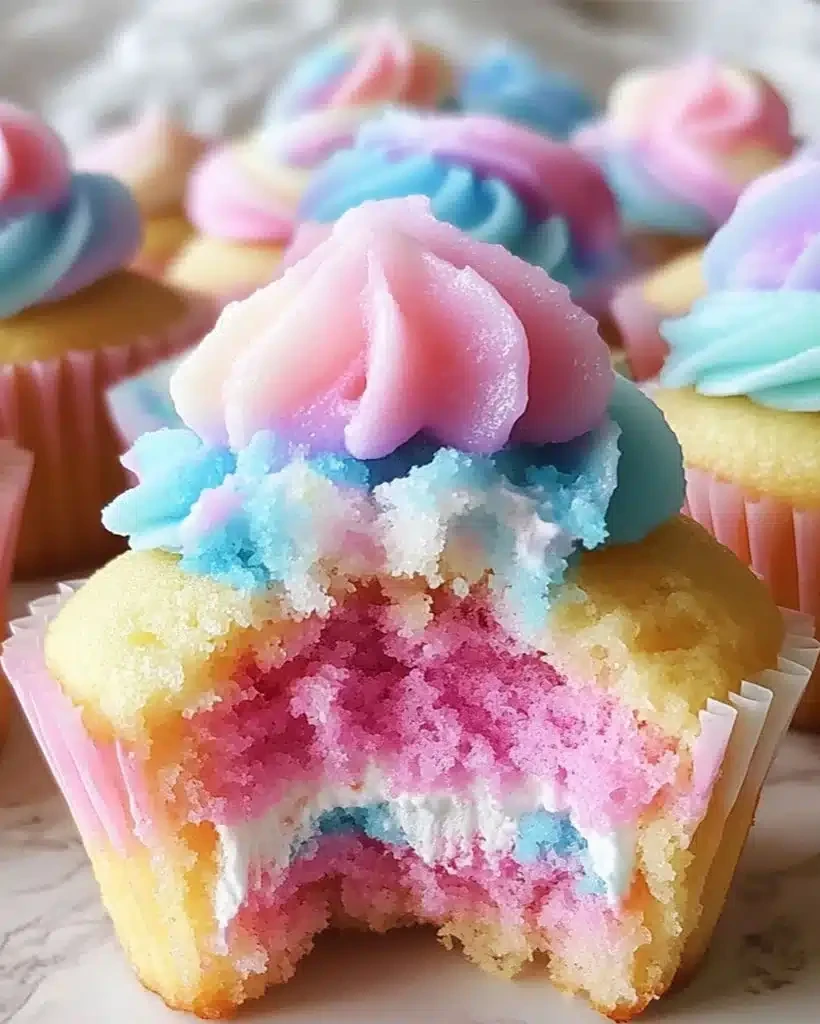 Pastel pink, blue, and purple Fluffy Cotton Candy Cupcakes with swirled whipped cream frosting, featuring a colorful marbled interior and cloud-like texture, displayed on a marble surface.