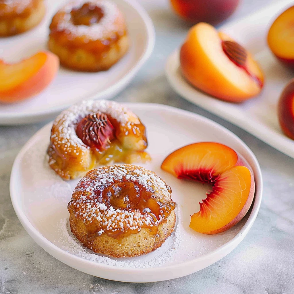 Golden Fresh Mini Peach Upside Down Cakes with caramelized peaches, glossy tops, and a dusting of powdered sugar on a white plate with vibrant peach slices