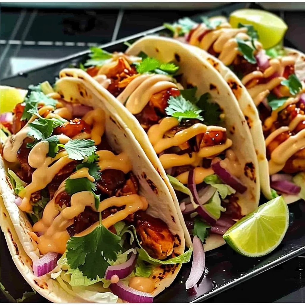 Three Garlic Butter Honey BBQ Chicken Tacos with golden-brown chicken, vibrant cilantro, crisp lettuce, red onion, creamy sauce drizzles, and lime wedges, arranged on a glossy black platter.