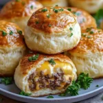 Golden brown Garlic Parmesan Cheeseburger Bombs with glossy tops, filled with melty cheddar beef, garnished with fresh parsley on a ceramic plate