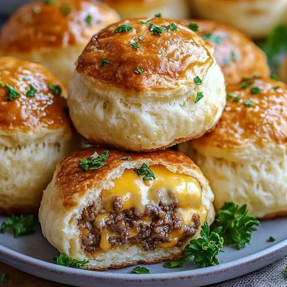 Golden brown Garlic Parmesan Cheeseburger Bombs with glossy tops, filled with melty cheddar beef, garnished with fresh parsley on a ceramic plate