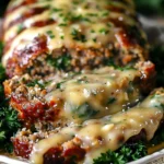 Juicy Garlic Parmesan Chicken Meatloaf with golden melted cheese glaze and fresh parsley, sliced thick on a white plate, showcasing a moist interior and vibrant herb topping.