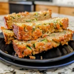 Golden brown Gluten Free Zucchini Bread slices showing flecks of zucchini and mini chocolate chips, stacked on a black plate with a moist, tender crumb, and vibrant texture.
