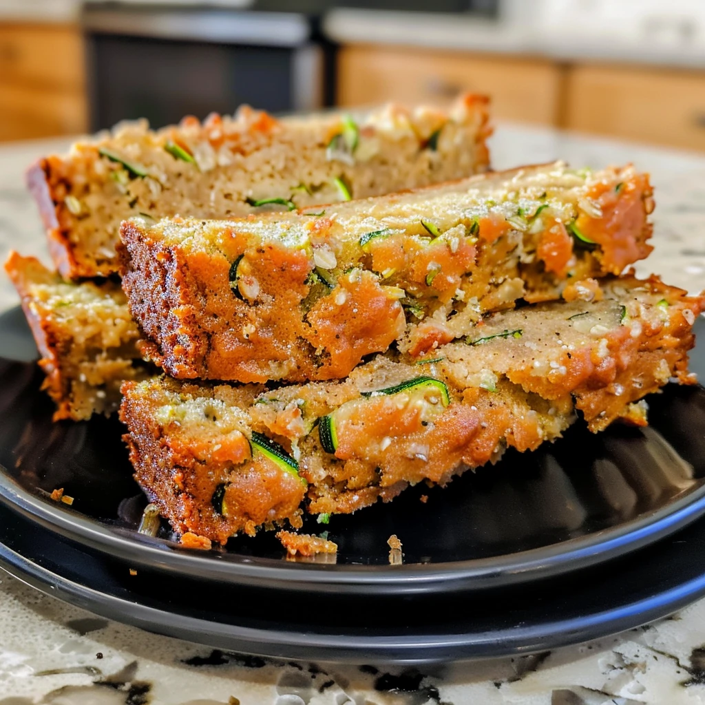 Golden brown Gluten Free Zucchini Bread slices showing flecks of zucchini and mini chocolate chips, stacked on a black plate with a moist, tender crumb, and vibrant texture.