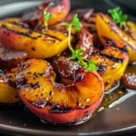 Glowing grilled peaches with caramelized edges, honey glaze, and fresh thyme on a dark plate; vibrant golden-yellow and crimson, beautifully presented for dessert.