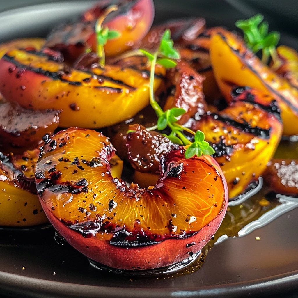 Glowing grilled peaches with caramelized edges, honey glaze, and fresh thyme on a dark plate; vibrant golden-yellow and crimson, beautifully presented for dessert.