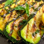 Glazed grilled zucchini slices with golden char marks, fresh herbs, and grated Parmesan, served with vibrant lemon wedges on a dark plate.