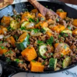 Hearty Ground Beef Zucchini Sweet Potato Skillet with vibrant orange sweet potato cubes, green zucchini slices, savory browned beef, onions, and fresh parsley in a black cast iron skillet