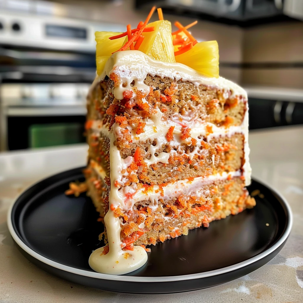 Lush slice of Hawaiian Carrot Pineapple Cake with creamy frosting, bright carrot flecks, golden pineapple chunks, and moist, layered texture on black plate