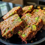 Thick slices of Healthy Zucchini Bread with golden-brown crust, vibrant green zucchini flecks, and mini chocolate chips on a glossy black plate, moist and rustic in appearance.