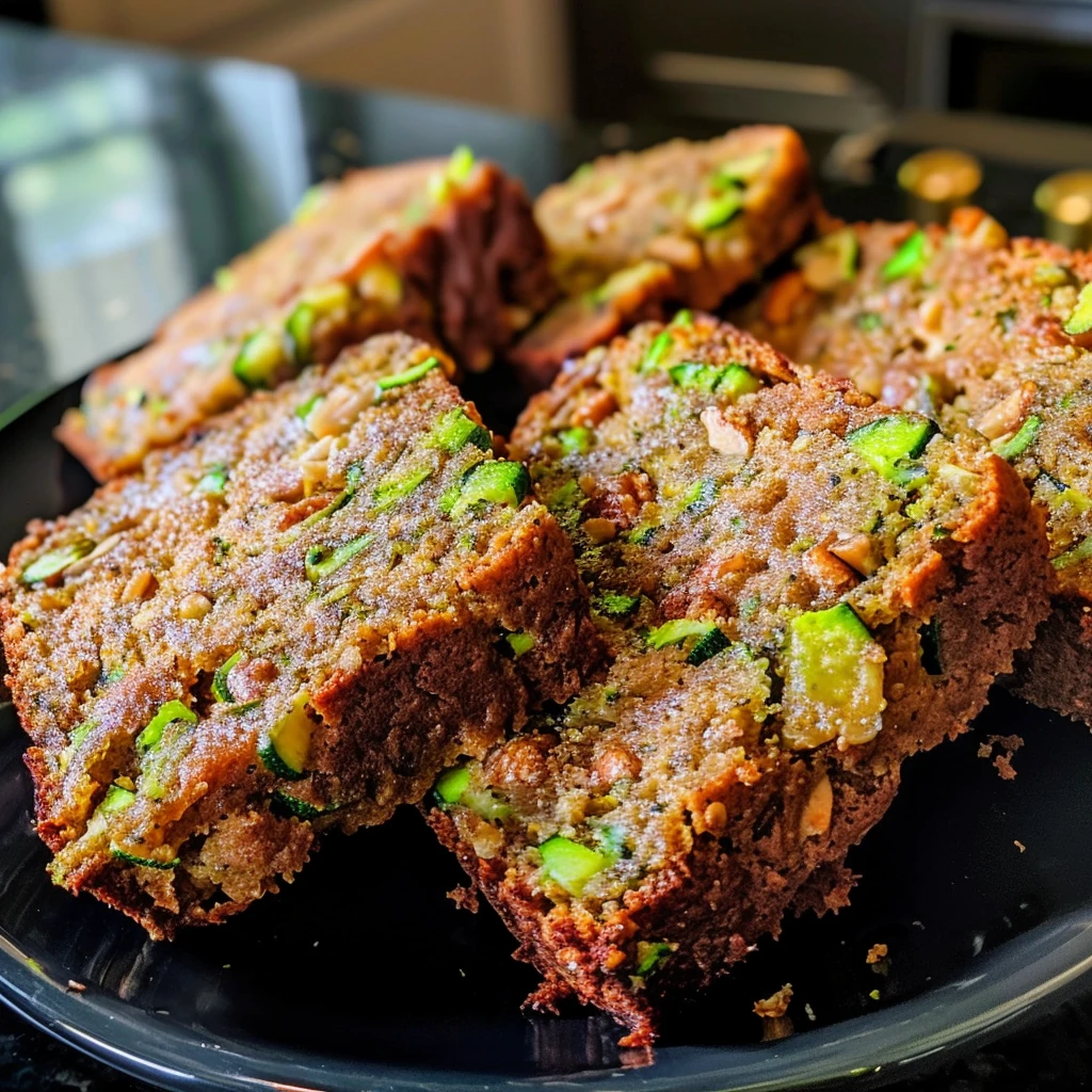 Thick slices of Healthy Zucchini Bread with golden-brown crust, vibrant green zucchini flecks, and mini chocolate chips on a glossy black plate, moist and rustic in appearance.