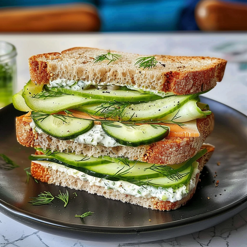 High-Protein Cucumber Sandwich with creamy dill spread, fresh cucumber ribbons, and whole wheat bread stacked on a black plate, garnished with fresh sprigs for a vibrant, appetizing presentation.